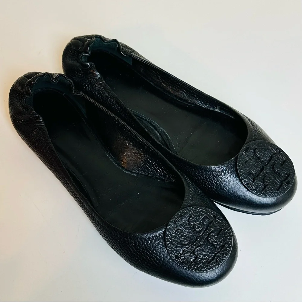 Tory Burch Black Leather Logo Ballet Flats